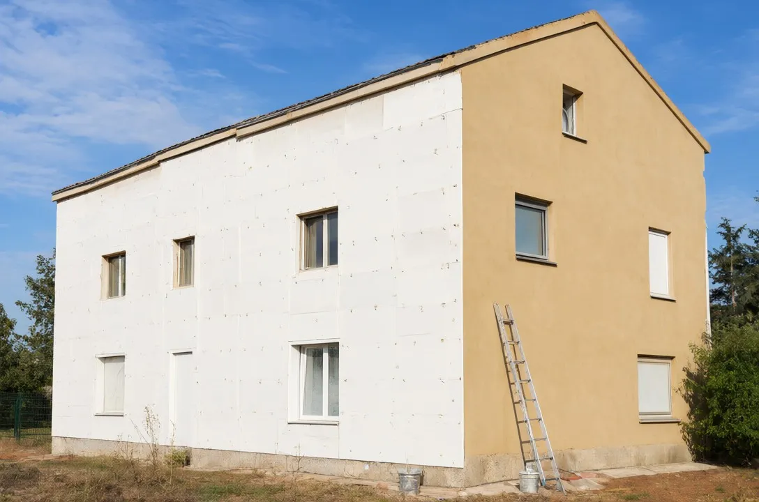 Maison en cours d’isolation par l’extérieur : panneaux isolants blancs d’un côté, enduit ocre neuf de l’autre, échelle au pied du mur