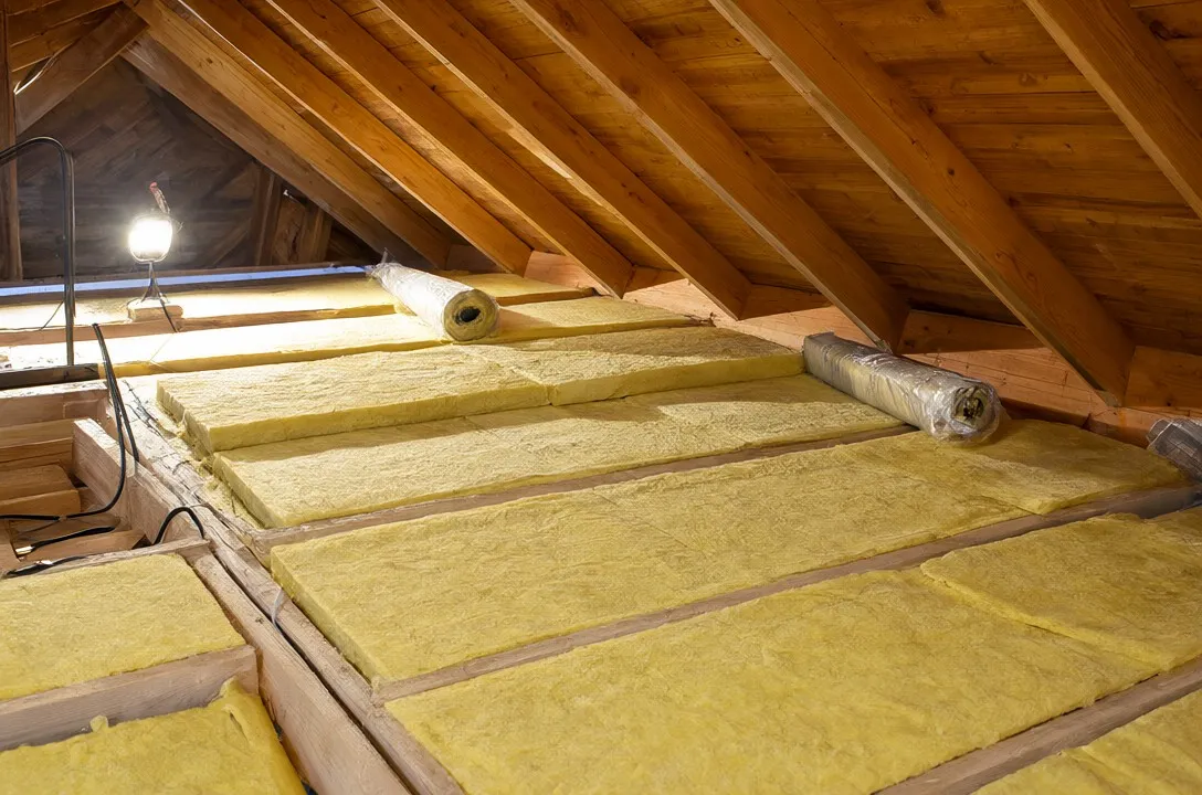 Rouleaux de laine minérale jaune déroulés entre les solives d’un comble sous charpente en bois