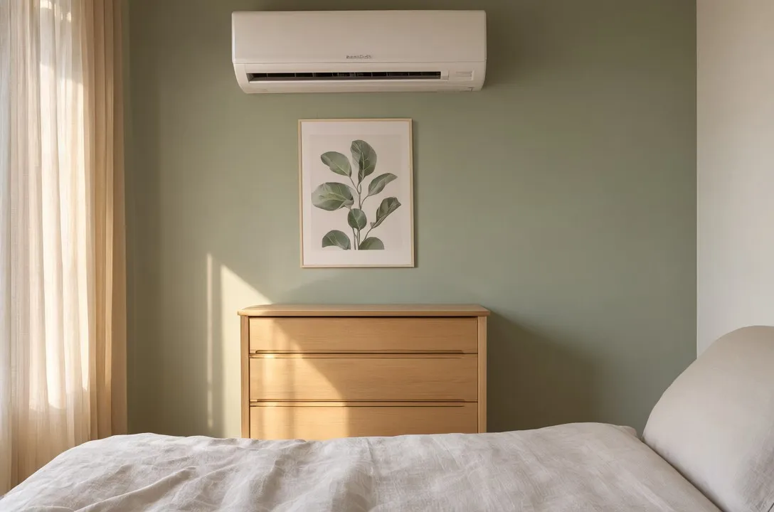Split mural de pompe à chaleur air-air fixé au-dessus d’une commode, dans une chambre aux murs vert sauge