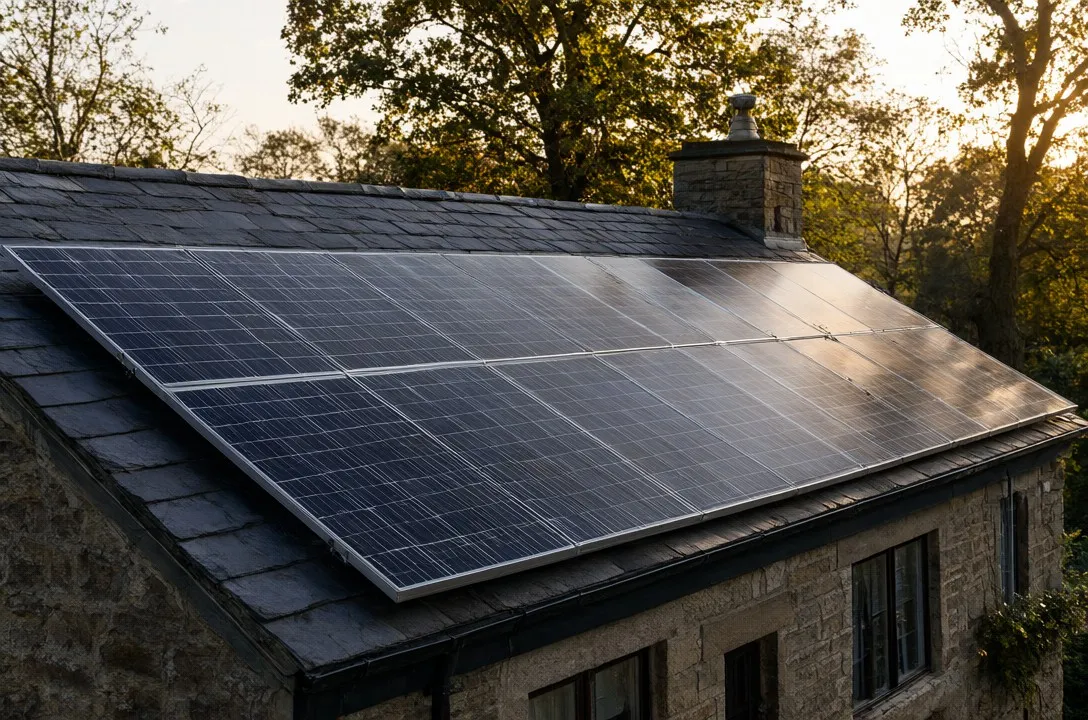 Panneaux solaires noirs posés sur la toiture en ardoise d’une maison en pierre, au soleil couchant